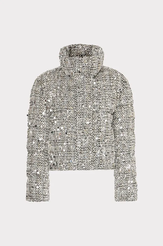 Milly Hayes Sequin Tweed Puffer Black Multi Women Coats and Jackets