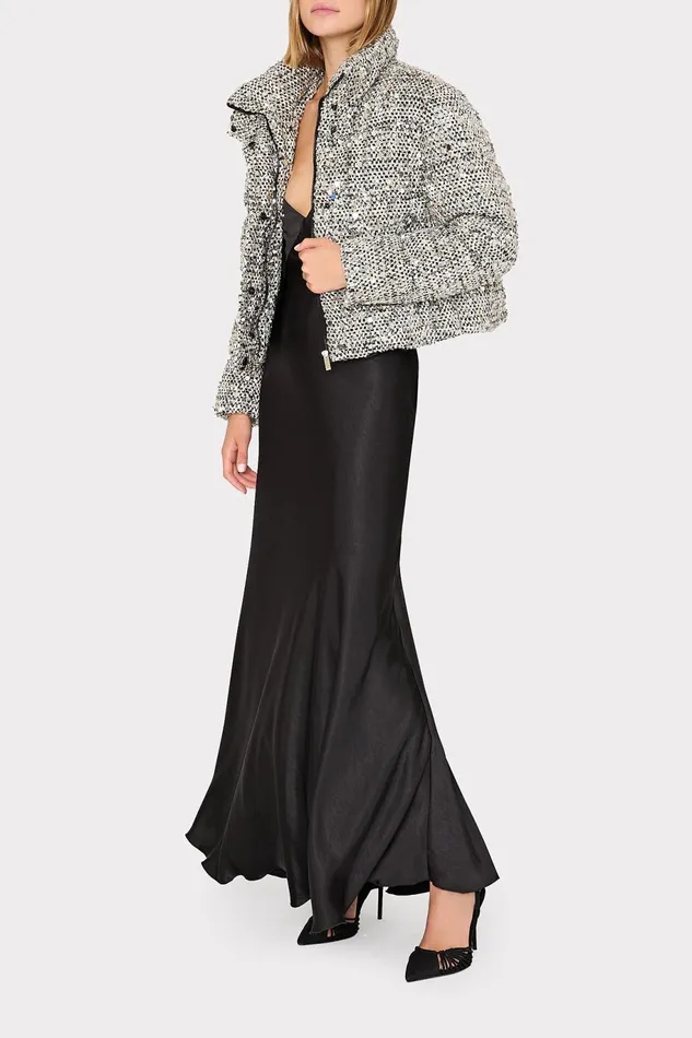 Milly Hayes Sequin Tweed Puffer Black Multi Women Coats and Jackets Milly Hayes Sequin Tweed Puffer Black Multi Women Coats and Jackets
