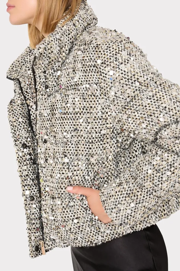 Milly Hayes Sequin Tweed Puffer Black Multi Women Coats and Jackets Milly Hayes Sequin Tweed Puffer Black Multi Women Coats and Jackets