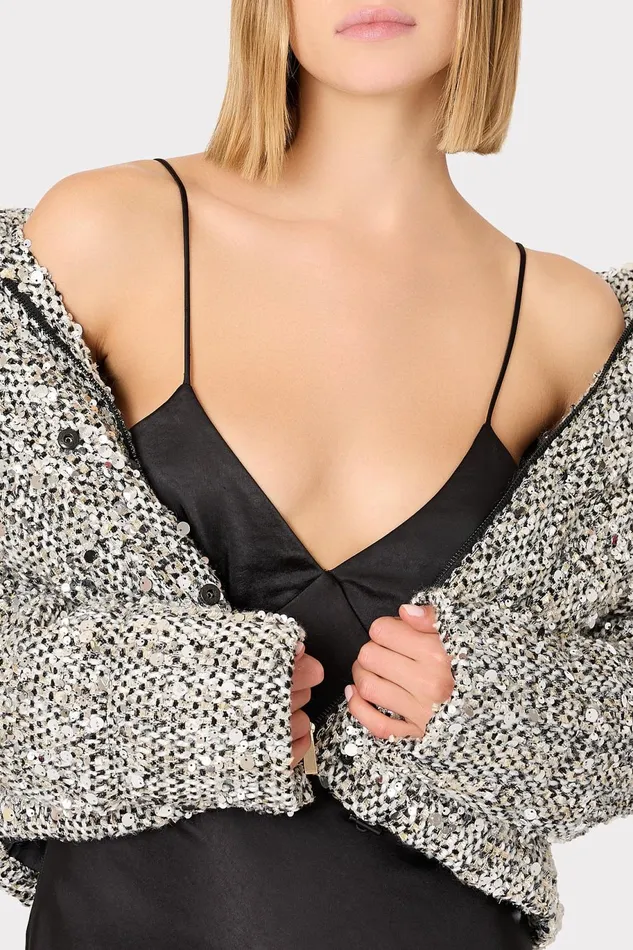 Milly Hayes Sequin Tweed Puffer Black Multi Women Coats and Jackets Milly Hayes Sequin Tweed Puffer Black Multi Women Coats and Jackets