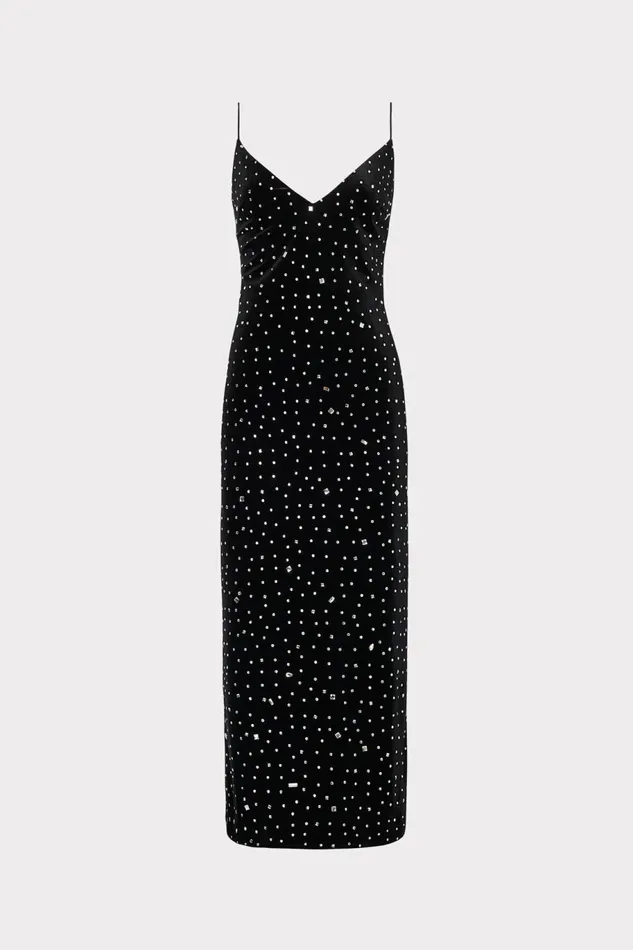 Milly Ivy Velvet Crystal Embellished Slip Dress Blacksilver Women Dresses