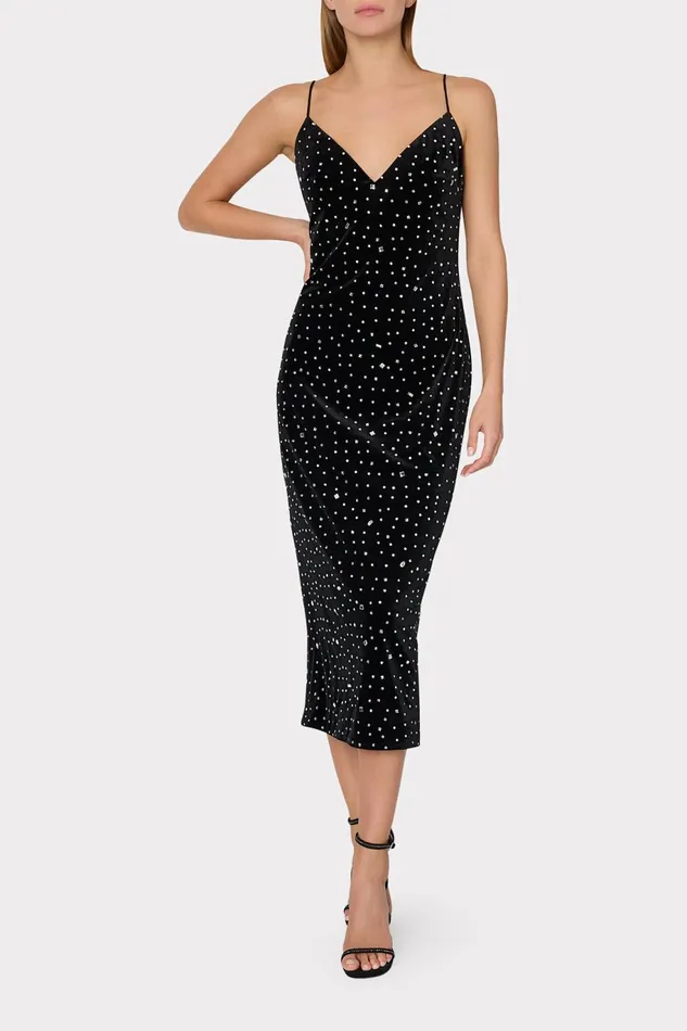 Milly Ivy Velvet Crystal Embellished Slip Dress Blacksilver Women Dresses