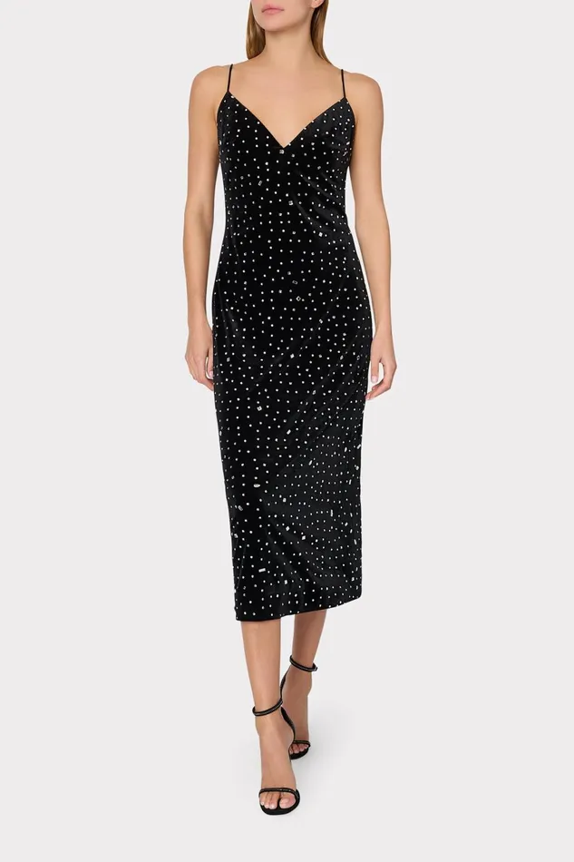 Milly Ivy Velvet Crystal Embellished Slip Dress Blacksilver Women Dresses