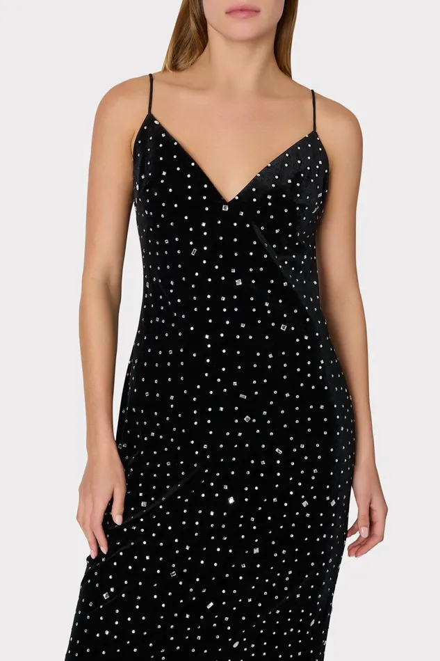 Milly Ivy Velvet Crystal Embellished Slip Dress Blacksilver Women Dresses