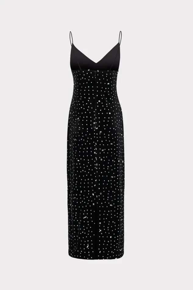 Milly Ivy Velvet Crystal Embellished Slip Dress Blacksilver Women Dresses