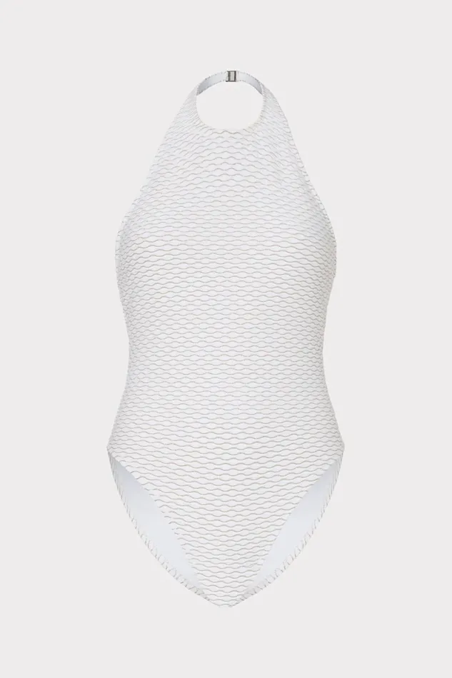 Milly Jackie Textured Waves Halter One Piece White Women Swim and Coverups