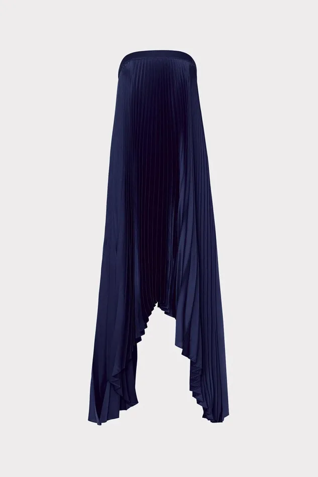 Milly Jordyn Satin Pleated Strapless Dress Navy Women Dresses