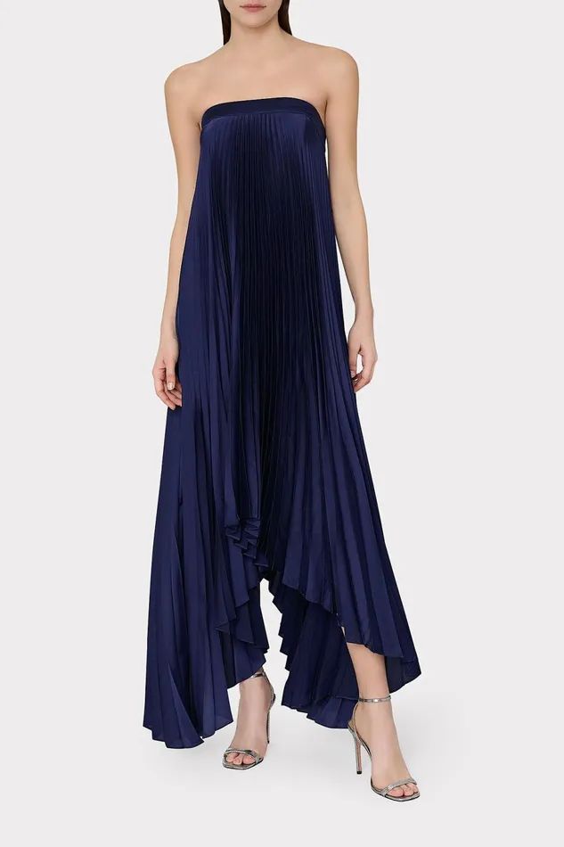 Milly Jordyn Satin Pleated Strapless Dress Navy Women Dresses Milly Jordyn Satin Pleated Strapless Dress Navy Women Dresses