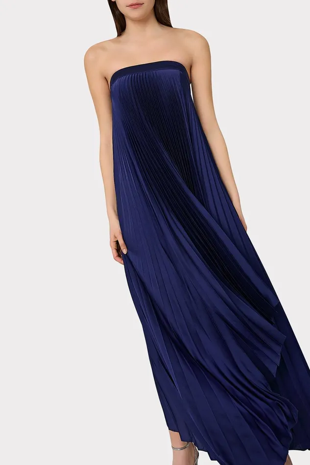Milly Jordyn Satin Pleated Strapless Dress Navy Women Dresses Milly Jordyn Satin Pleated Strapless Dress Navy Women Dresses