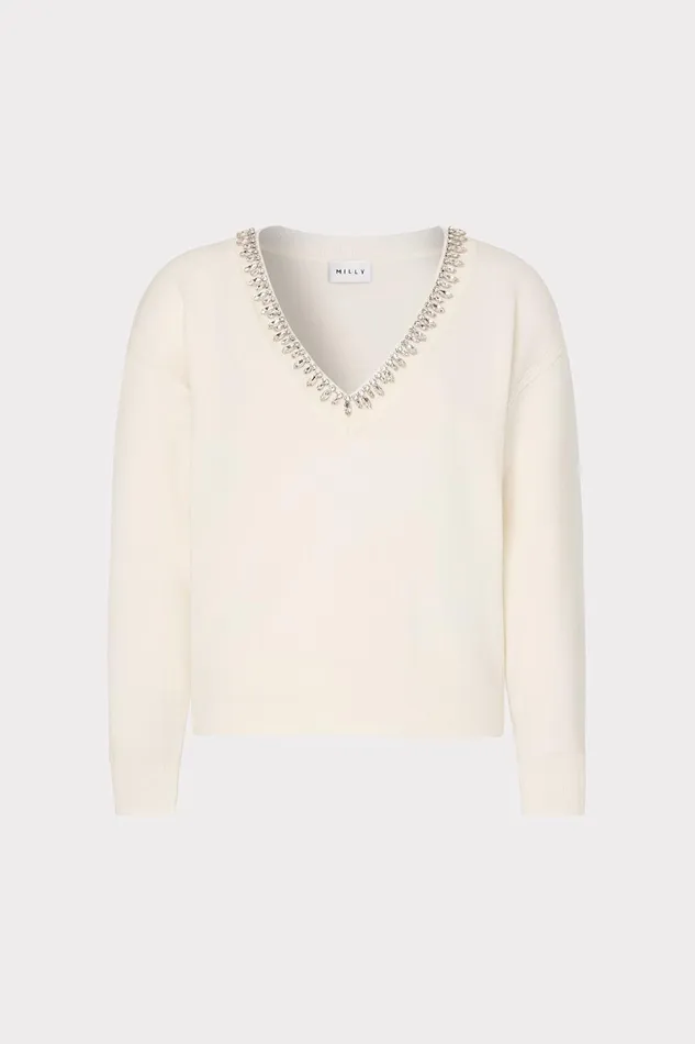 Milly Kalia Crystal VNeck Sweater Ecru Women Tops