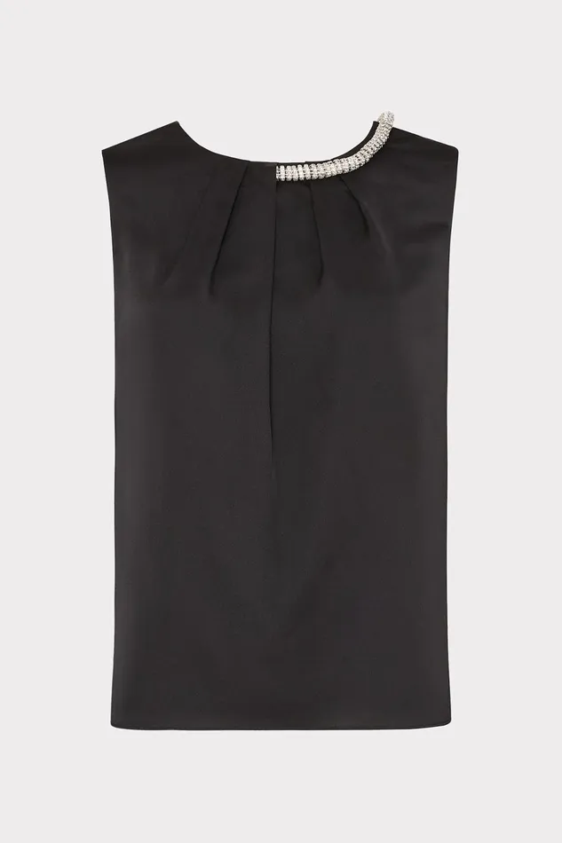 Milly Lily Satin Crystal Embellished Top Black Women Tops