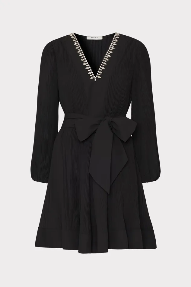Milly Liv Crystal Embellished Pleated Dress Black Women Dresses