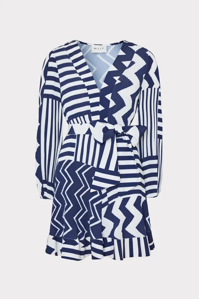 Milly Liv Patchwork Chevron Pleated Dress Bluewhite Women Dresses