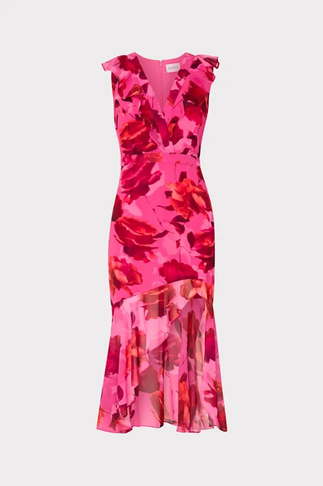 Milly Nanci Blurred Blossom Ruffle Dress Pink Multi Women Dresses