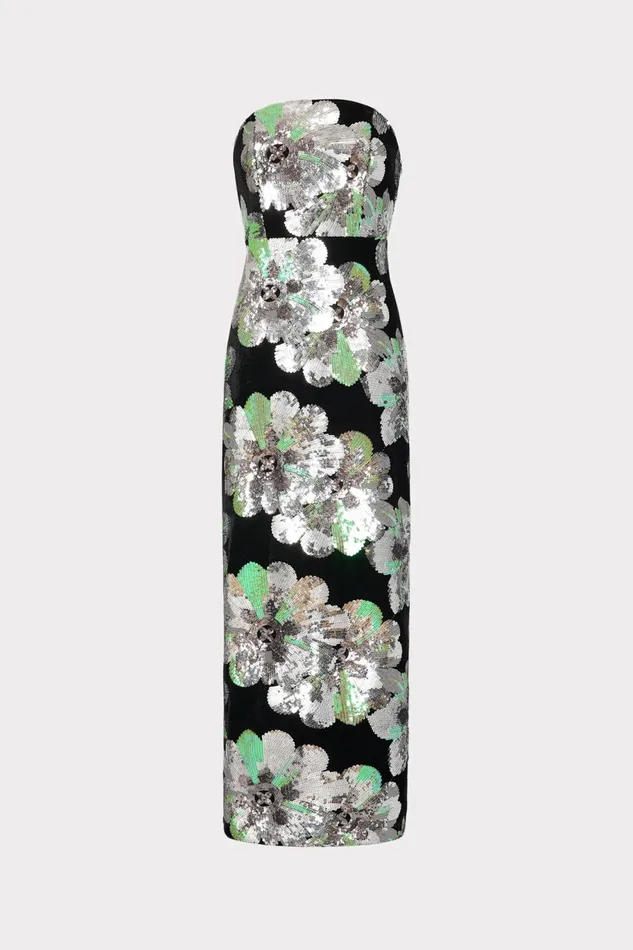 Milly Orion Velvet Floral Sequins Dress Black Multi Women Dresses