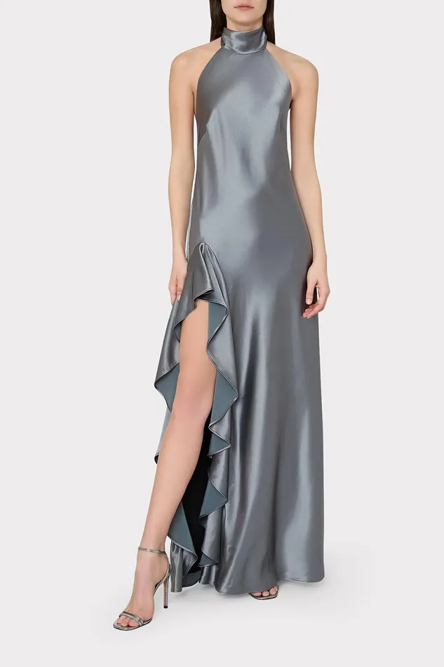 Milly Roux Hammered Satin Gown Pewter Women Dresses Milly Roux Hammered Satin Gown Pewter Women Dresses