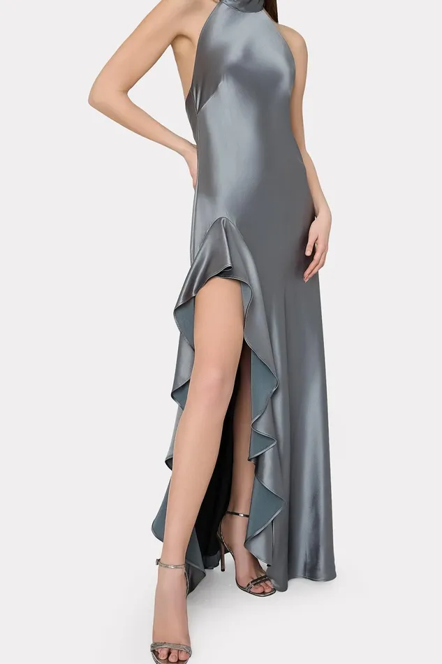 Milly Roux Hammered Satin Gown Pewter Women Dresses Milly Roux Hammered Satin Gown Pewter Women Dresses