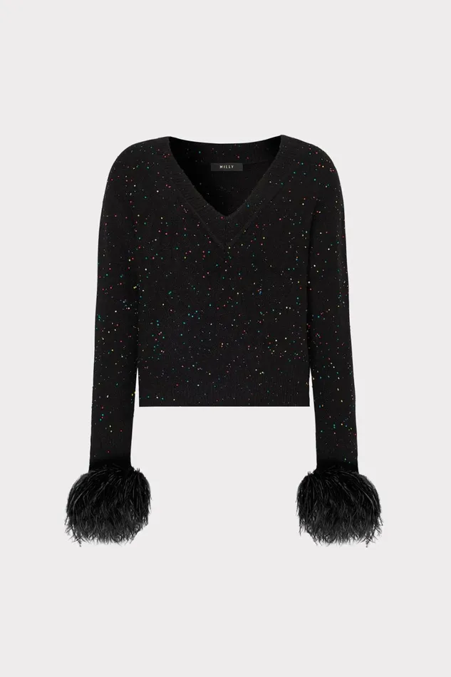 Milly Sequin Feather Cuff VNeck Sweater Black Multi Women Sweaters and Knits