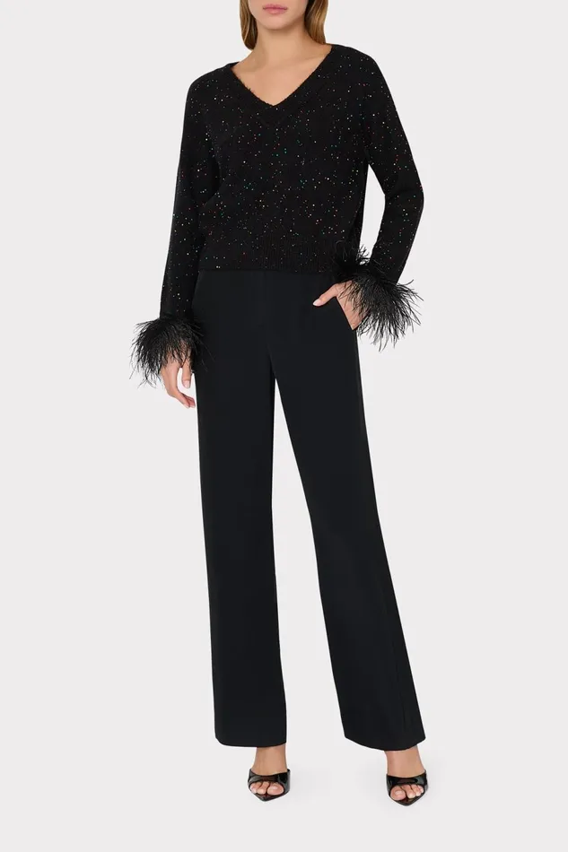 Milly Sequin Feather Cuff VNeck Sweater Black Multi Women Sweaters and Knits Milly Sequin Feather Cuff VNeck Sweater Black Multi Women Sweaters and Knits