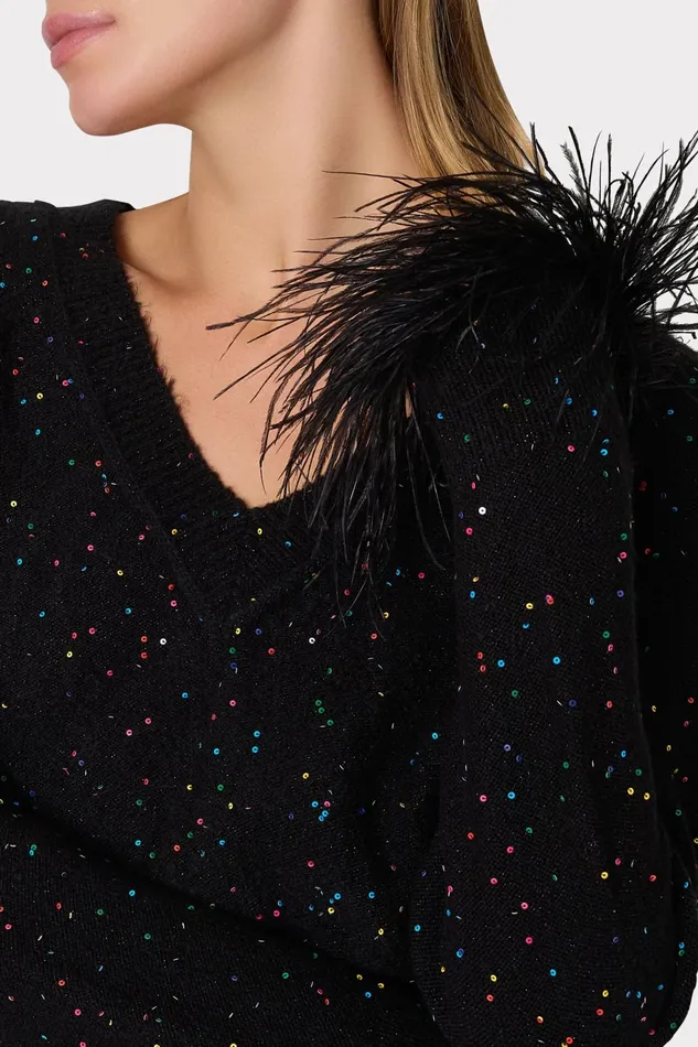 Milly Sequin Feather Cuff VNeck Sweater Black Multi Women Sweaters and Knits Milly Sequin Feather Cuff VNeck Sweater Black Multi Women Sweaters and Knits