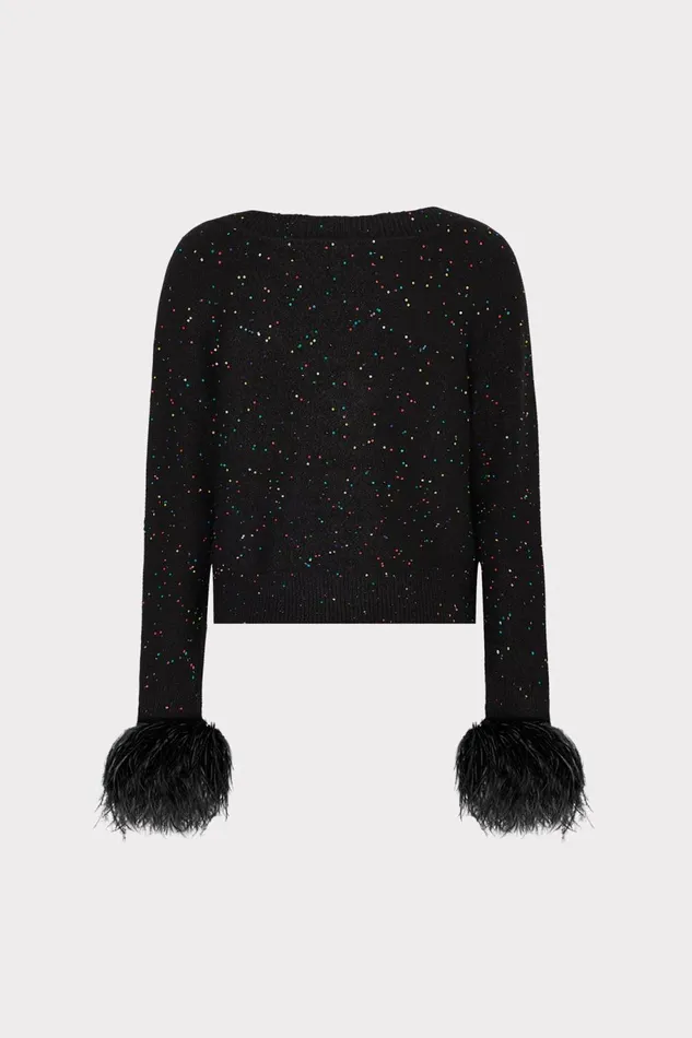 Milly Sequin Feather Cuff VNeck Sweater Black Multi Women Sweaters and Knits Milly Sequin Feather Cuff VNeck Sweater Black Multi Women Sweaters and Knits