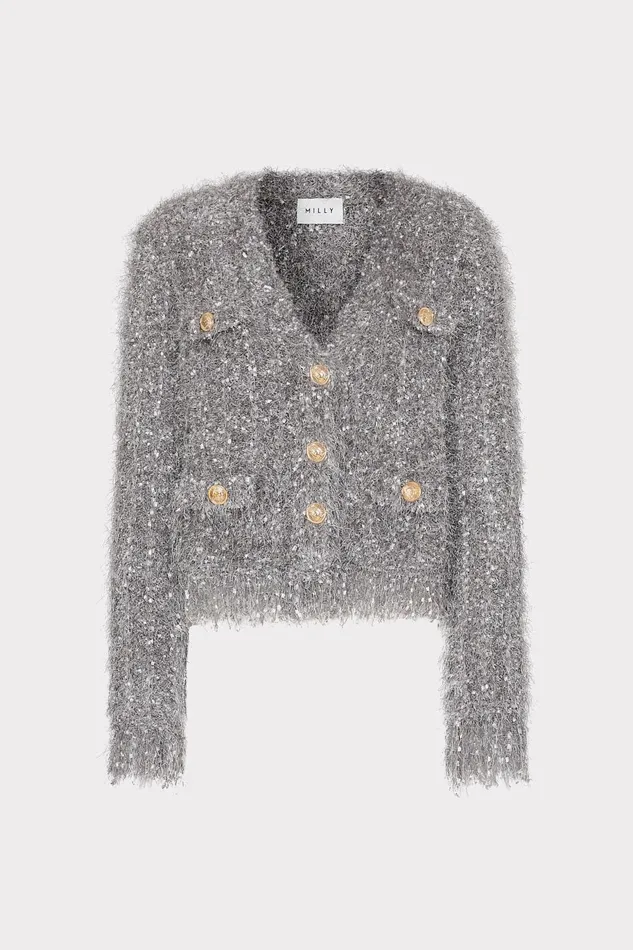 Milly Textured Fringe Cardigan Silver Women Cardigans