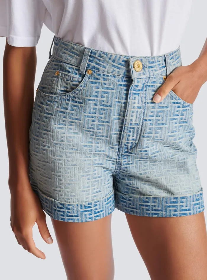 Monogram Denim Short Blue Women Balmain Denim
