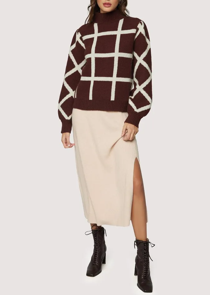 Off The Grid Sweater Darkbrowngrid Women Lost Wander Tops