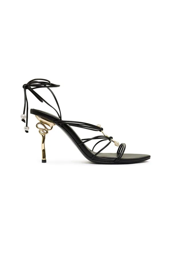 Perenna Pearl Bar Strappy Heel Black Women Aje Shoes