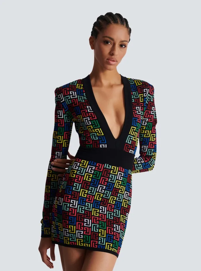Pop Monogram Knit Dress Multicolor Women Balmain Dresses