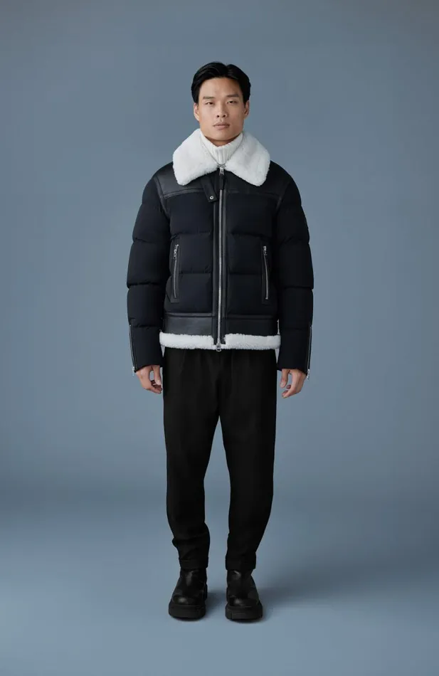 Puffer Men Mackage ROBERT Mixedmedia Shearling Down Jacket Sky Blue Puffer Men Mackage ROBERT Mixedmedia Shearling Down Jacket Sky Blue