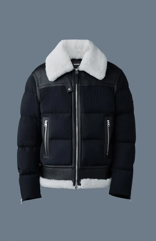 Puffer Men Mackage ROBERT Mixedmedia Shearling Down Jacket Sky Blue Puffer Men Mackage ROBERT Mixedmedia Shearling Down Jacket Sky Blue