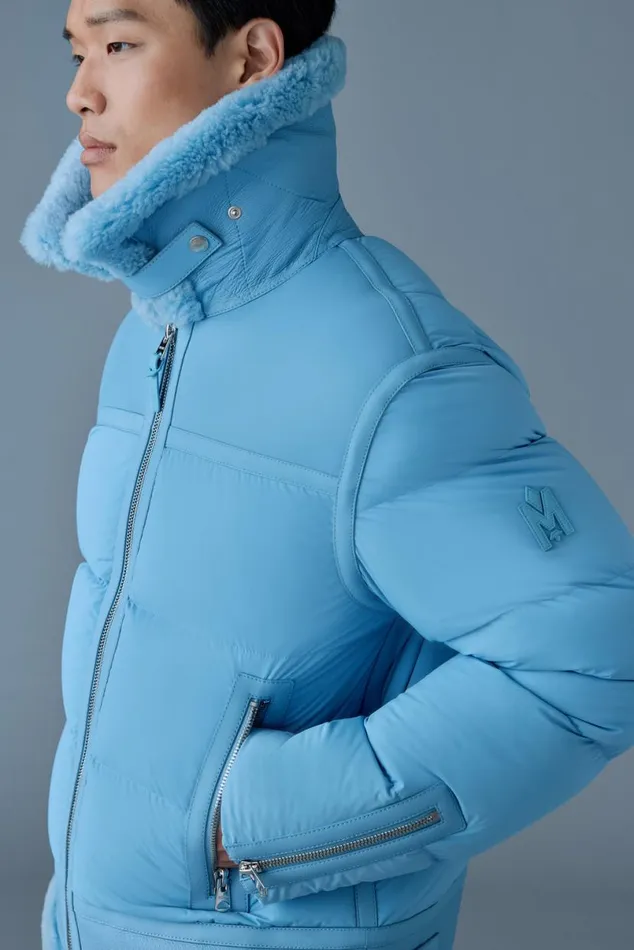 Puffer Men Mackage ROBERT Mixedmedia Shearling Down Jacket Sky Blue Puffer Men Mackage ROBERT Mixedmedia Shearling Down Jacket Sky Blue