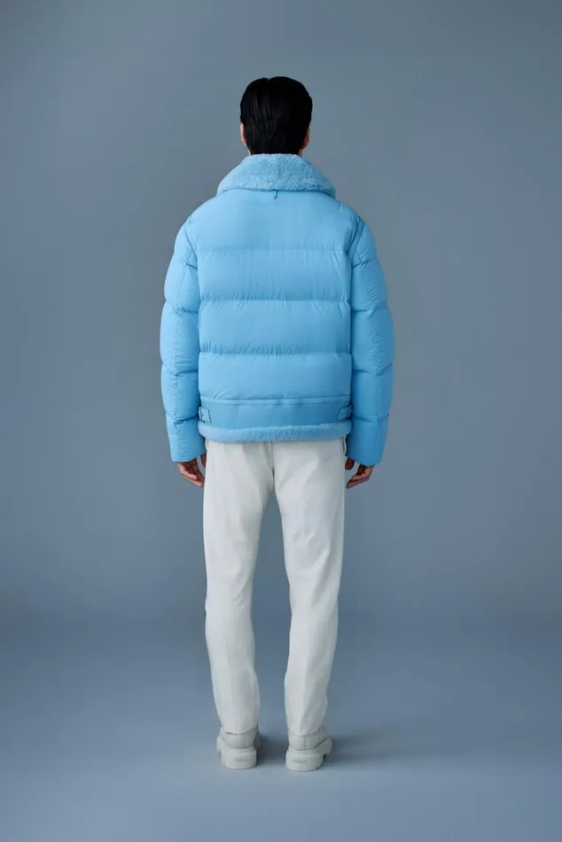 Puffer Men Mackage ROBERT Mixedmedia Shearling Down Jacket Sky Blue Puffer Men Mackage ROBERT Mixedmedia Shearling Down Jacket Sky Blue