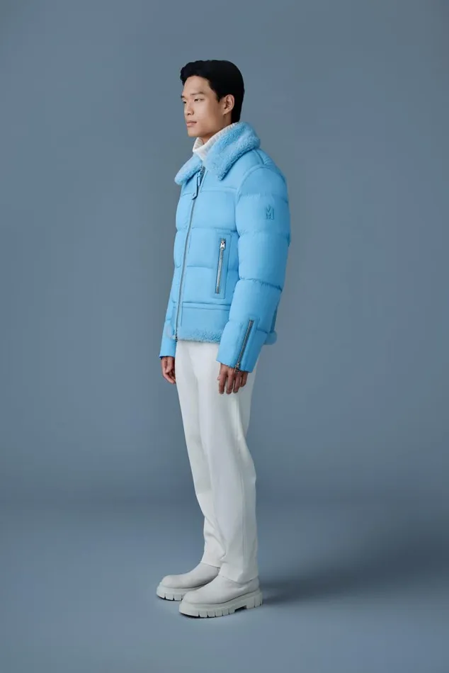 Puffer Men Mackage ROBERT Mixedmedia Shearling Down Jacket Sky Blue Puffer Men Mackage ROBERT Mixedmedia Shearling Down Jacket Sky Blue