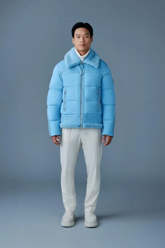 Puffer Men Mackage ROBERT Mixedmedia Shearling Down Jacket Sky Blue Puffer Men Mackage ROBERT Mixedmedia Shearling Down Jacket Sky Blue