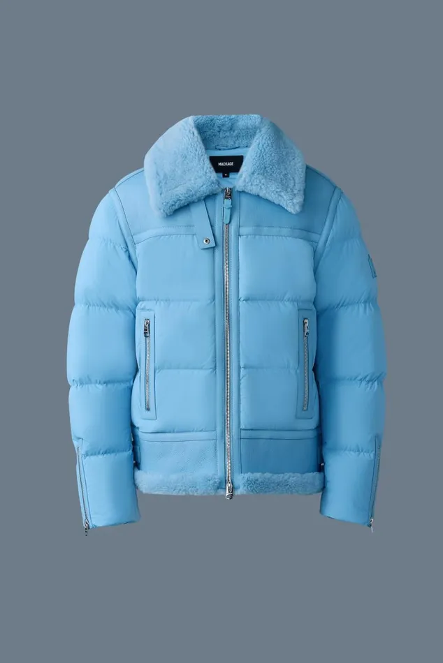 Puffer Men Mackage ROBERT Mixedmedia Shearling Down Jacket Sky Blue Puffer Men Mackage ROBERT Mixedmedia Shearling Down Jacket Sky Blue