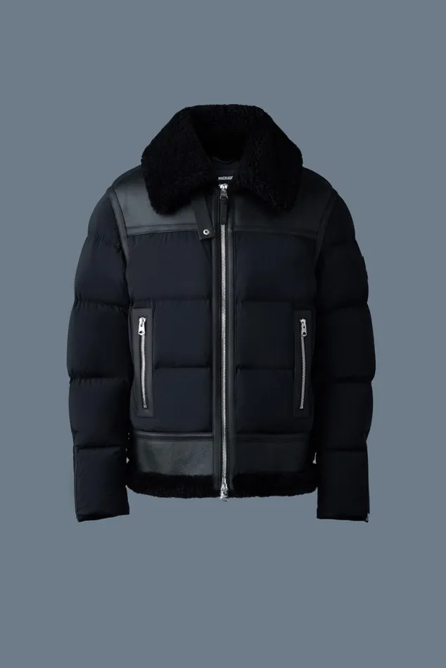 Puffer Men Mackage ROBERT Mixedmedia Shearling Down Jacket Sky Blue Puffer Men Mackage ROBERT Mixedmedia Shearling Down Jacket Sky Blue
