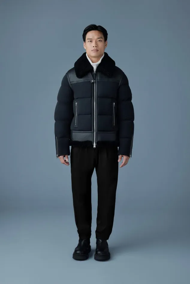 Puffer Men Mackage ROBERT Mixedmedia Shearling Down Jacket Sky Blue Puffer Men Mackage ROBERT Mixedmedia Shearling Down Jacket Sky Blue