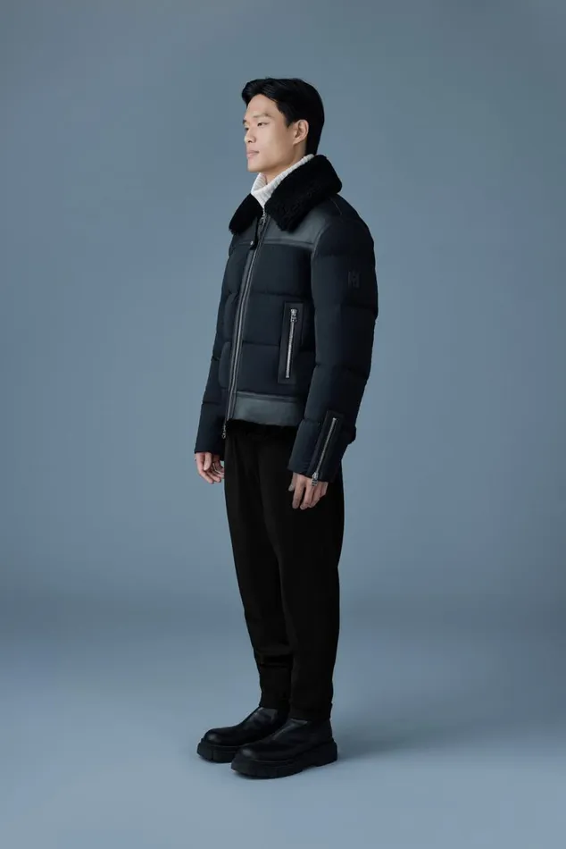 Puffer Men Mackage ROBERT Mixedmedia Shearling Down Jacket Sky Blue Puffer Men Mackage ROBERT Mixedmedia Shearling Down Jacket Sky Blue
