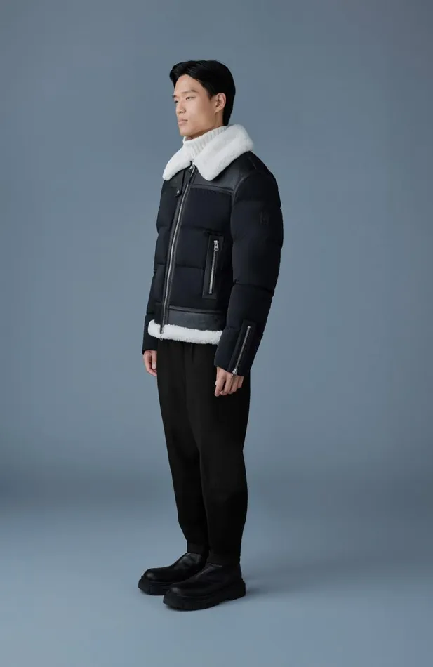 Puffer Men Mackage ROBERT Mixedmedia Shearling Down Jacket Sky Blue Puffer Men Mackage ROBERT Mixedmedia Shearling Down Jacket Sky Blue