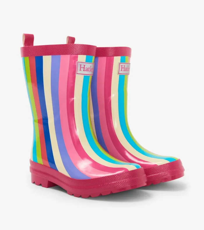 Rainwear Girls Hatley Rainbow Stripes Shiny Rain Boots