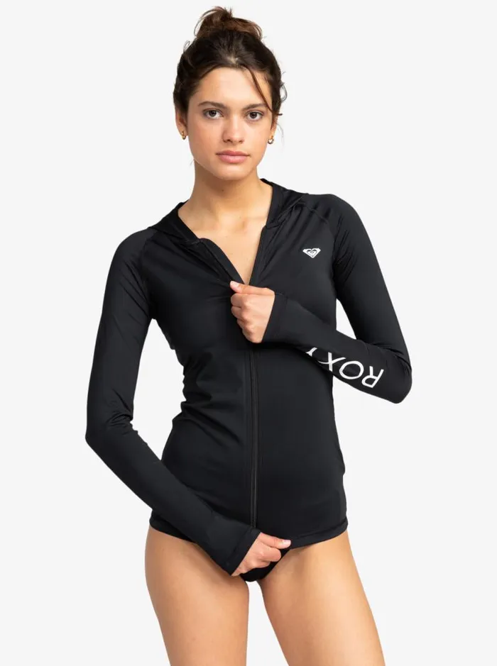 Roxy Rashguards New Essentials Hooded Long Sleeve ZipUp Rashguard Anthracite 8211 Women