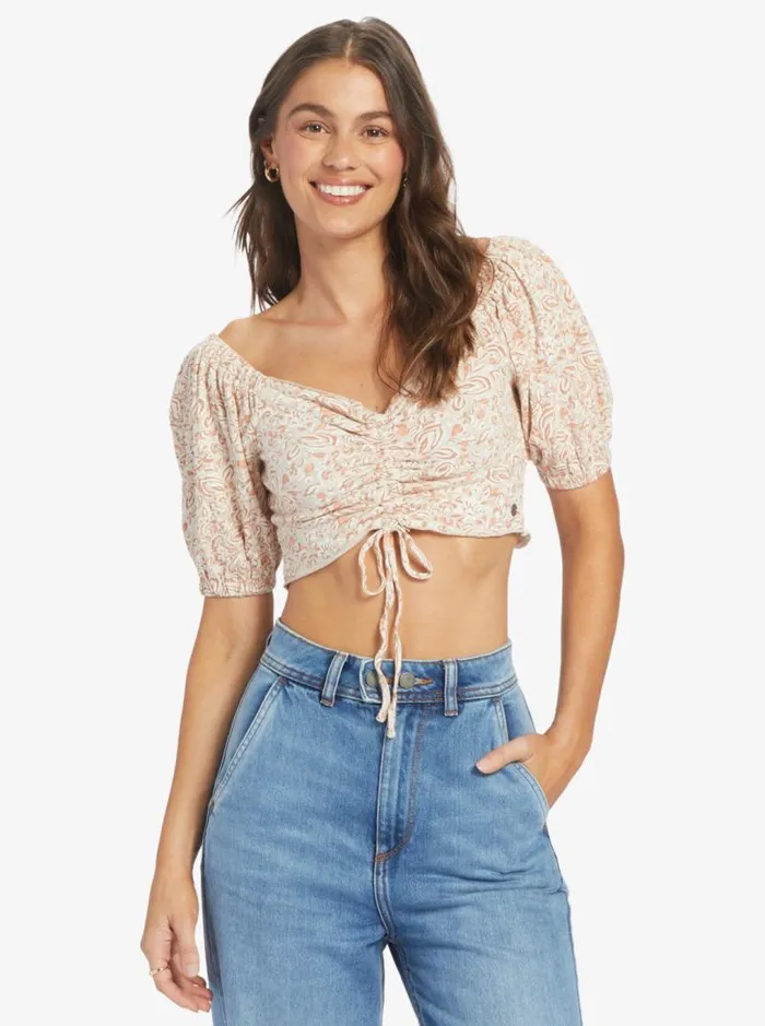Roxy Tops Flirty Walk Printed Ruched Crop Top Tapioca Pretty Paisley 8211 Women