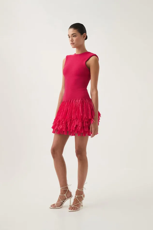 Rushes Raffia Knit Mini Dress Deep Fuschia Women Aje Pink Dresses