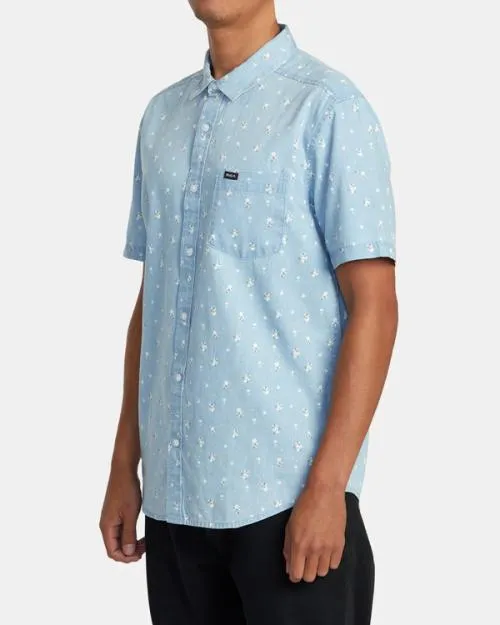 Rvca County Line Short Sleeve Shirt Washed Denim Men Shirts and Flannels