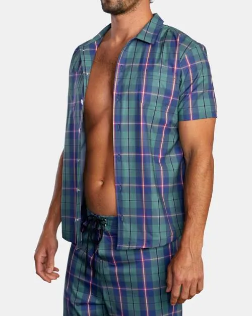 Rvca Dib Woven Short Sleeve Shirt Green Men Shirts and Flannels