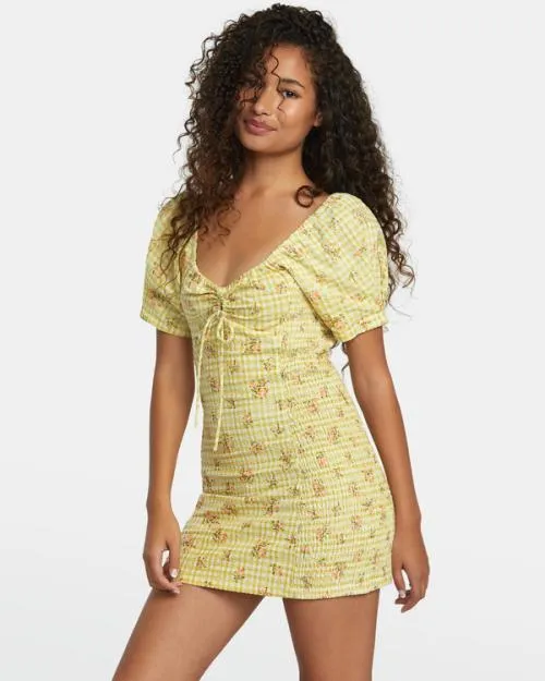 Rvca Gretel Linen Dress Golden Women Dresses and Rompers