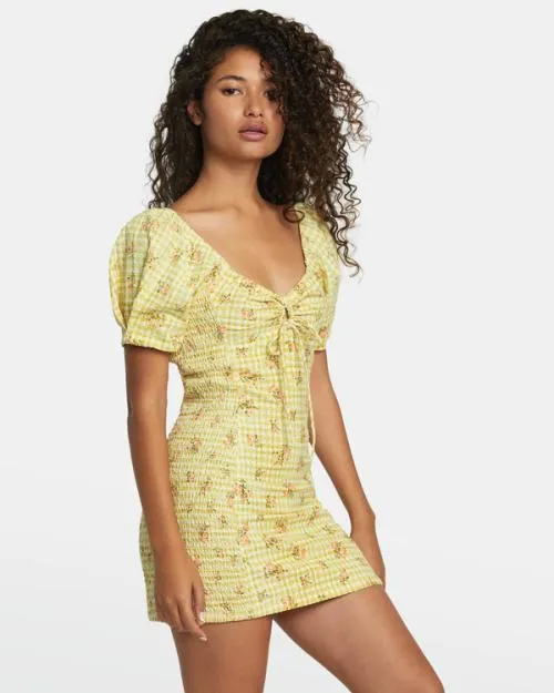 Rvca Gretel Linen Dress Golden Women Dresses and Rompers