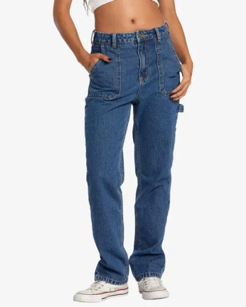 Rvca Recession Denim Pants Blue Rinse Women Pants